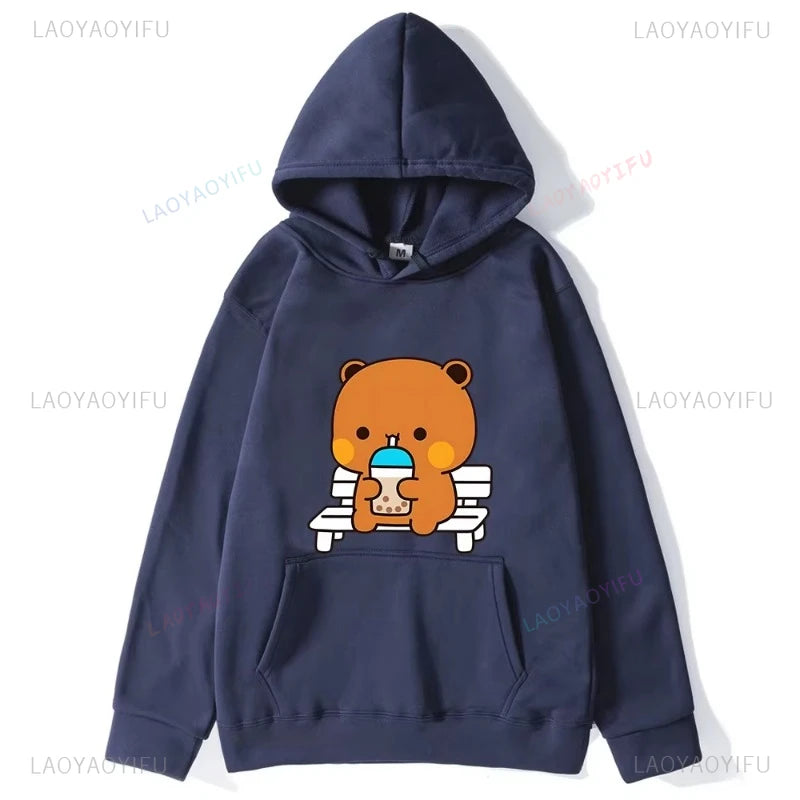 Trendy New Couple Hoodies Bubu with Dudu Drinking Juice Sweatshirts Cartoon Cute Panda Bear Hoodies Kawaii Y2k Top Sudaderas
