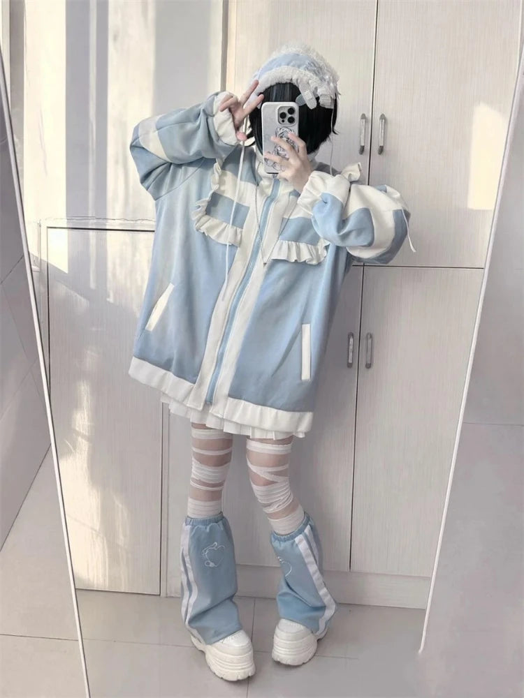 Japanese Y2k Aesthetic Stand Collar Kawaii Hoodies Women Zipper Sweatshirt Oversized Coats Grunge Harajuku Ruffled Patch Coat