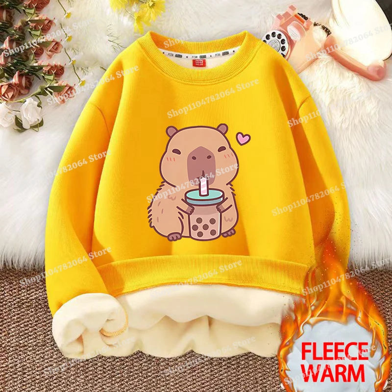 Kawaii Capybara Children's Clothing Lamb Wool Sweatshirt Boys Girls Winter Warm Thick Long Sleeved Pullover Hoodies Anime Gifts