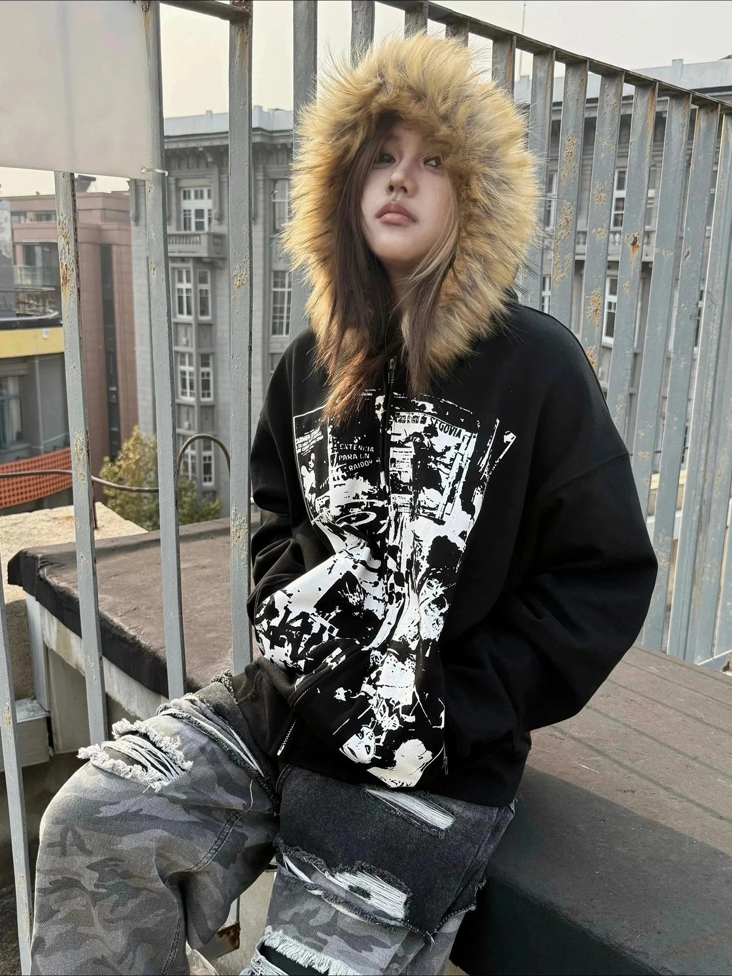 Grunge Zipper Sweatshirts Vintage Gothic Coats Harajuku Streetwear Y2k Jackets with Hooded Women Subculture Hoodies Cross Skull