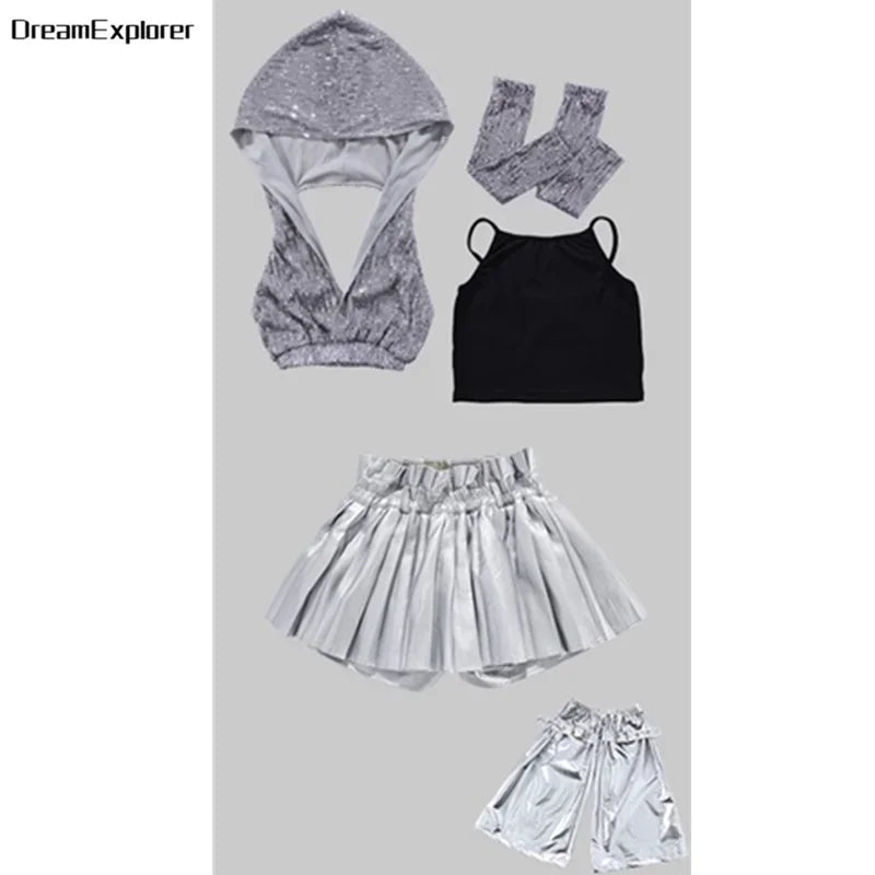 Girls Sequin Crop Hoodies Street Dance Shorts Kids Skirts Hip Hop Jazz Silver Pants Clothes Sets Child Streetwear K-pop Costumes