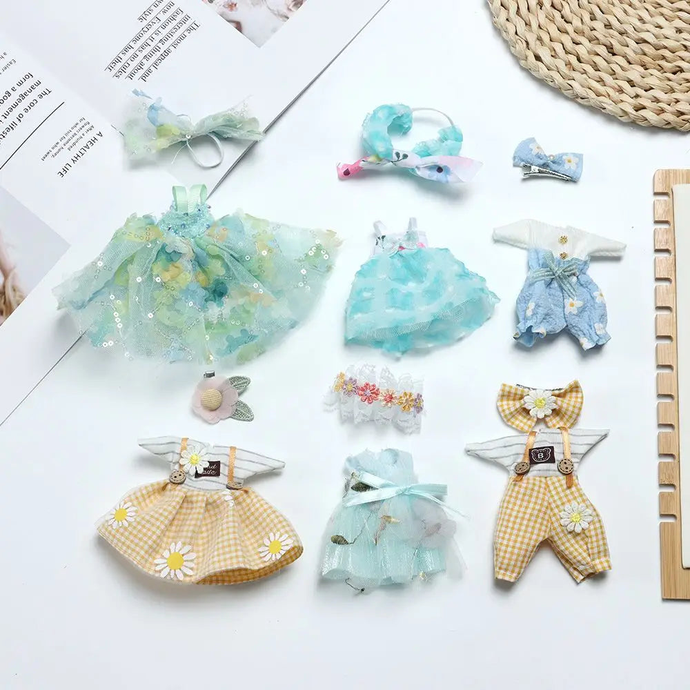 16CM Doll Clothes Suit Lace Princess Dress Headwear Cute Hoodies Skirt Overall Vest Hat OB11 Clothes Outfit 1/8BJD Accessories