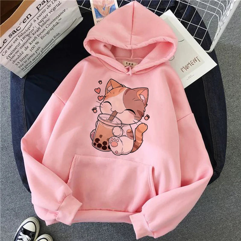 A Cute Patterned Orange Tabby Cat with A Smile Print Hoodies Women Casual Graphic Sweatshirts Fashion Fall Winter Hoody Clothes