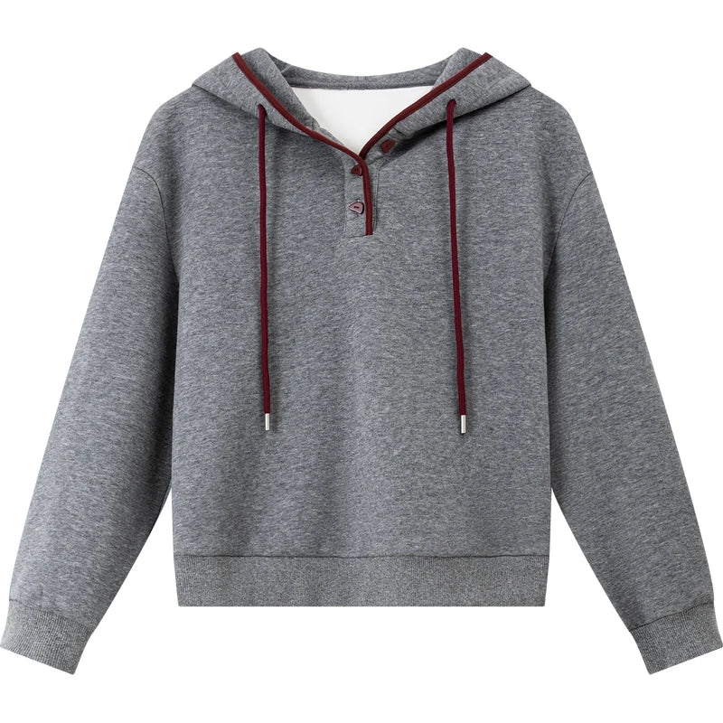 VIMLY Women's Grey Hoodies Simple Cotton Blend Fleece Lined Contrasting Sweatshirts 2026 Oversize Thicken Lady Winter Top A3537