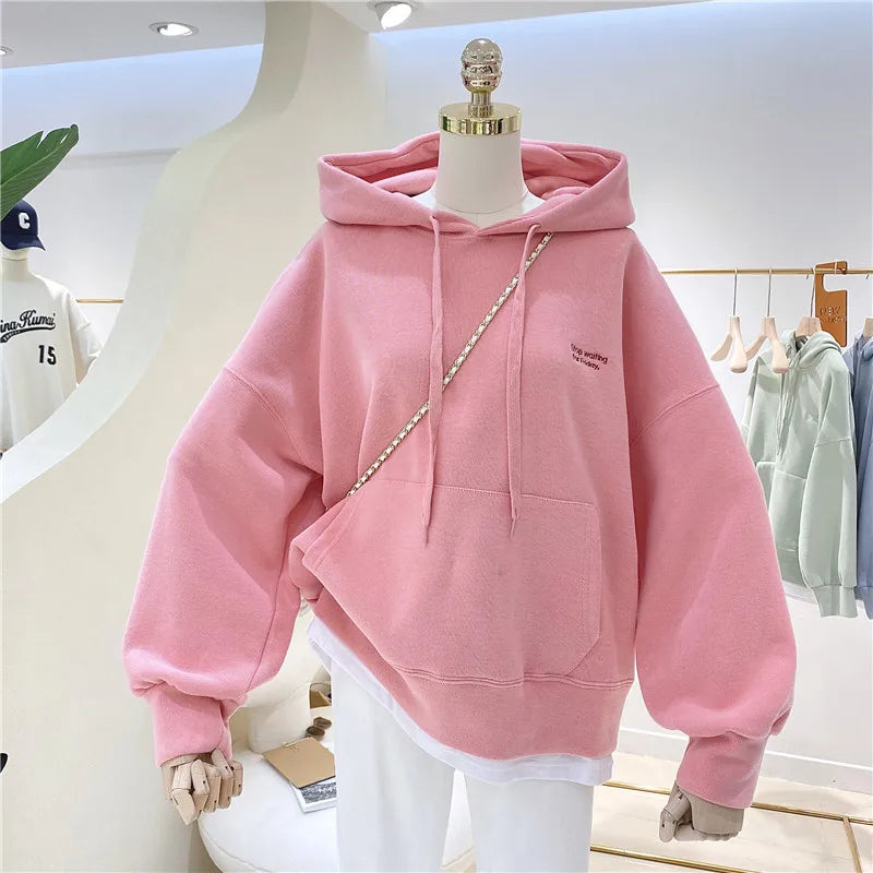 Women Solid Hoodies Sweatshirts Loose Long Sleeve Tops Casual Sporty Thick Warm Ladies Pockets Hooded Pullover Sweatshirt