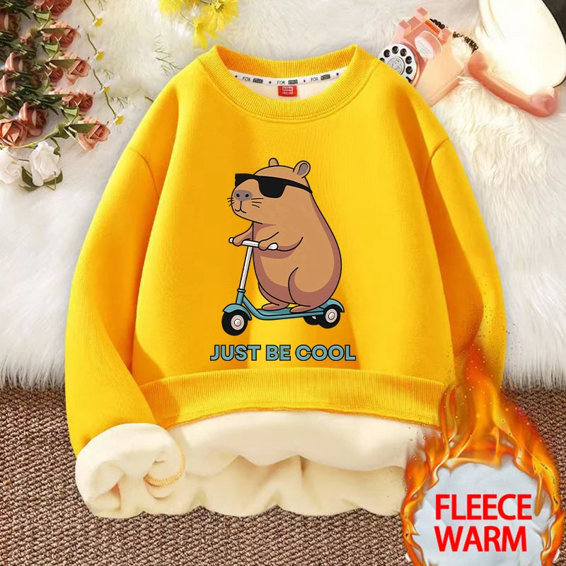Kawaii Capybara Children's Clothing Lamb Wool Sweatshirt Boys Girls Winter Warm Thick Long Sleeved Pullover Hoodies Anime Gifts