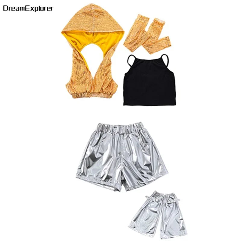 Girls Sequin Crop Hoodies Street Dance Shorts Kids Skirts Hip Hop Jazz Silver Pants Clothes Sets Child Streetwear K-pop Costumes
