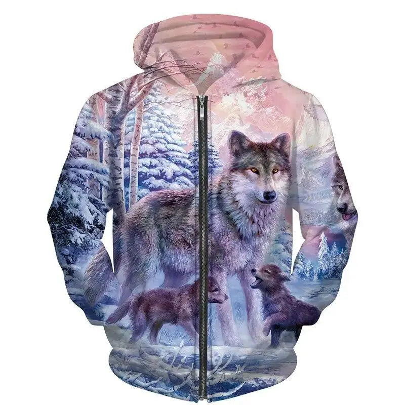 Wolf Pattern 3D Print Zipper Hoodies Men Women Hip Hop Hooded Sweatshirts Hoody Oversized Tracksuit Pullover Man Coat Clothing