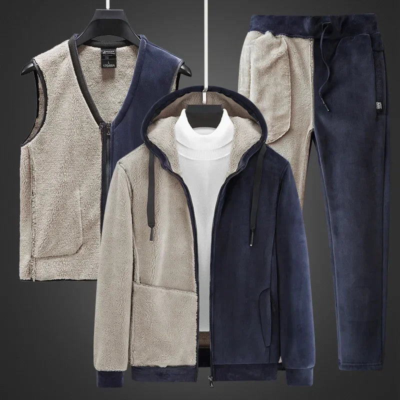 Three-Pieces Lamb Cashmere Set Men Warm Fashion Lamb Wool Sets Winter Plus Velvet Thick Tracksuits Men's Set Hoodies+Vests+Pants