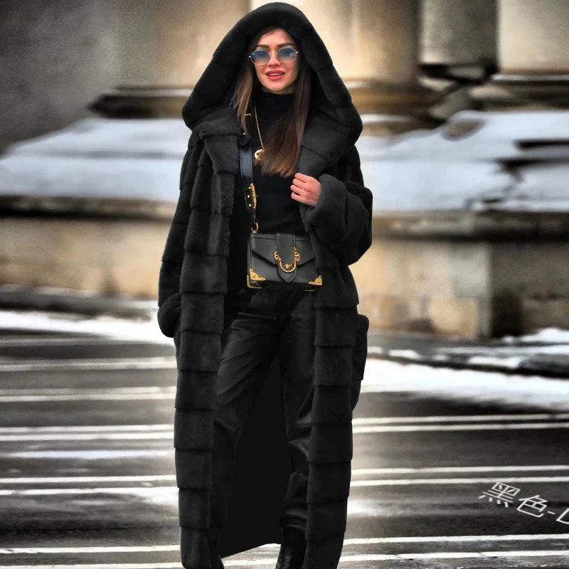 TPJB Casual Faux Fur Coat Women Hoodies Furry Thick Warm Long Faux Rabbit Fur Jacket Slim Winter Coat Women Casaco Feminino 5XL