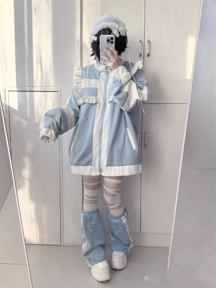Japanese Y2k Aesthetic Stand Collar Kawaii Hoodies Women Zipper Sweatshirt Oversized Coats Grunge Harajuku Ruffled Patch Coat