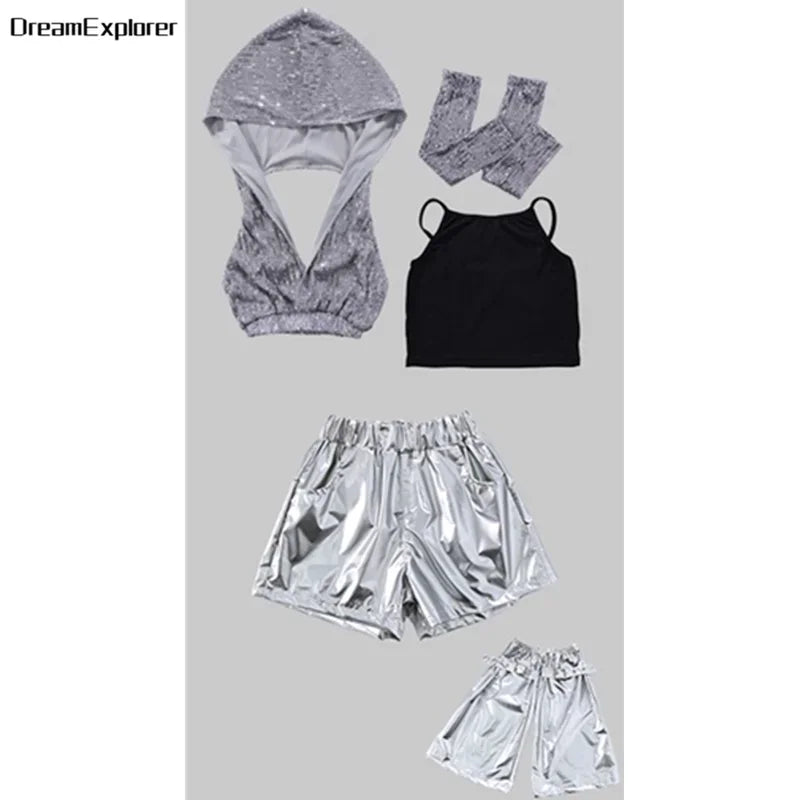 Girls Sequin Crop Hoodies Street Dance Shorts Kids Skirts Hip Hop Jazz Silver Pants Clothes Sets Child Streetwear K-pop Costumes