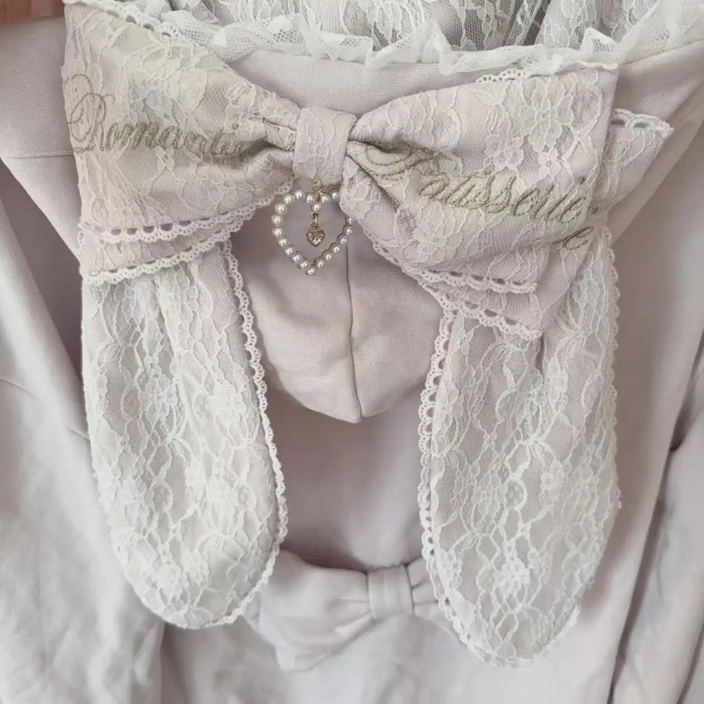 Hoodies Women 2025 Autumn New Sweet Bunny Ear Lace Hooded Sweatshirt for Women Cute Loose Tie Long Sleeve Jacket