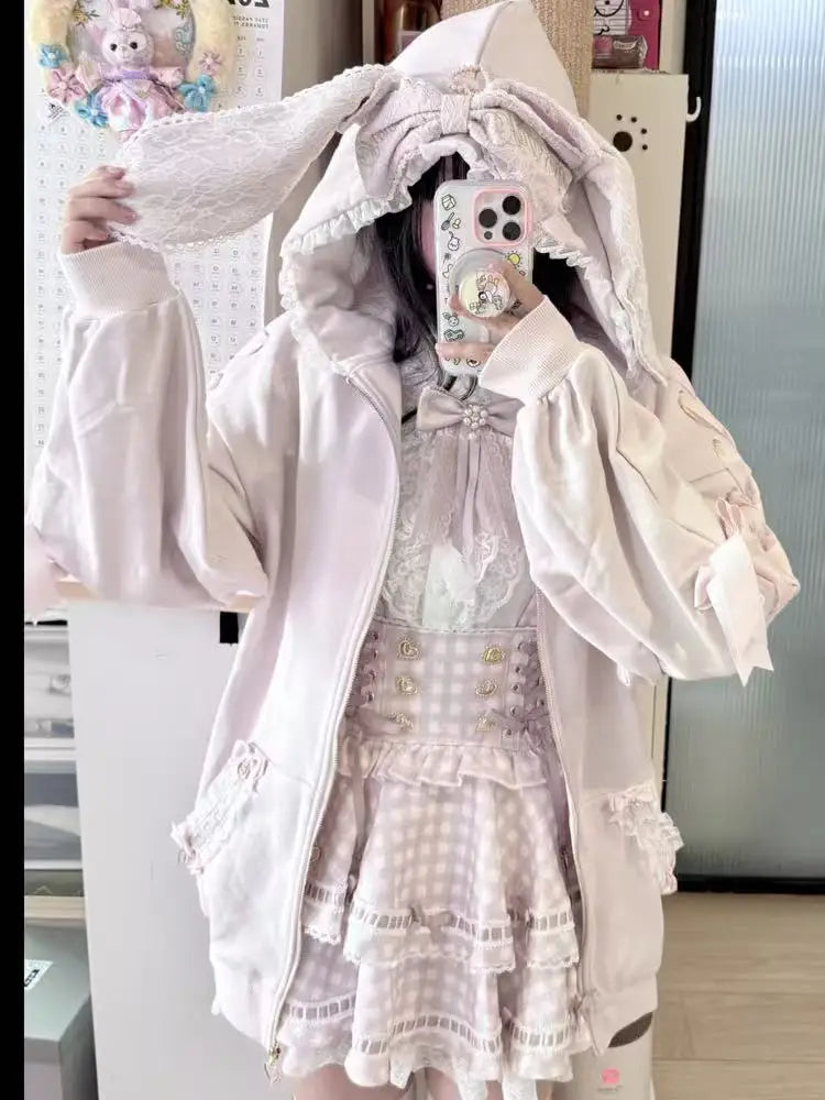 Hoodies Women 2025 Autumn New Sweet Bunny Ear Lace Hooded Sweatshirt for Women Cute Loose Tie Long Sleeve Jacket
