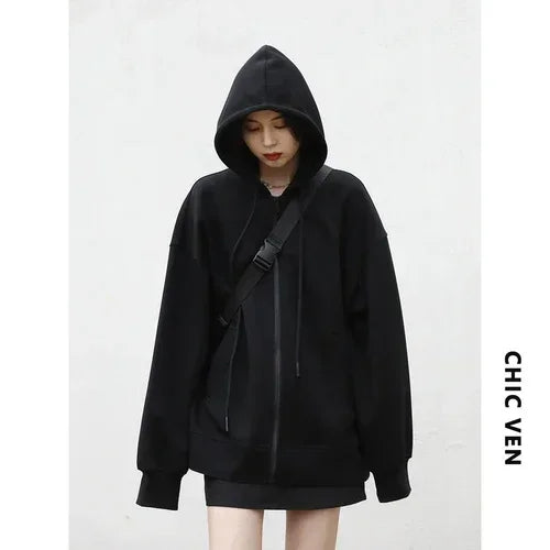 CHIC VEN Women Sweatshirts Hoodies Solid Loose Casual Hooded Female Tops Lady Coat Medium Length Overcoat Spring Autumn 2025