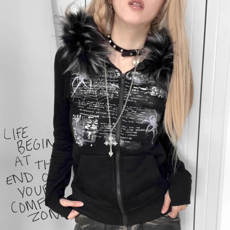 American Retro Fur Patchwork Grunge Hoodies Women Vintage Gothic Print Hooded Zip-up Sweatshirts Harajuku Aesthetic Y2k Jacket