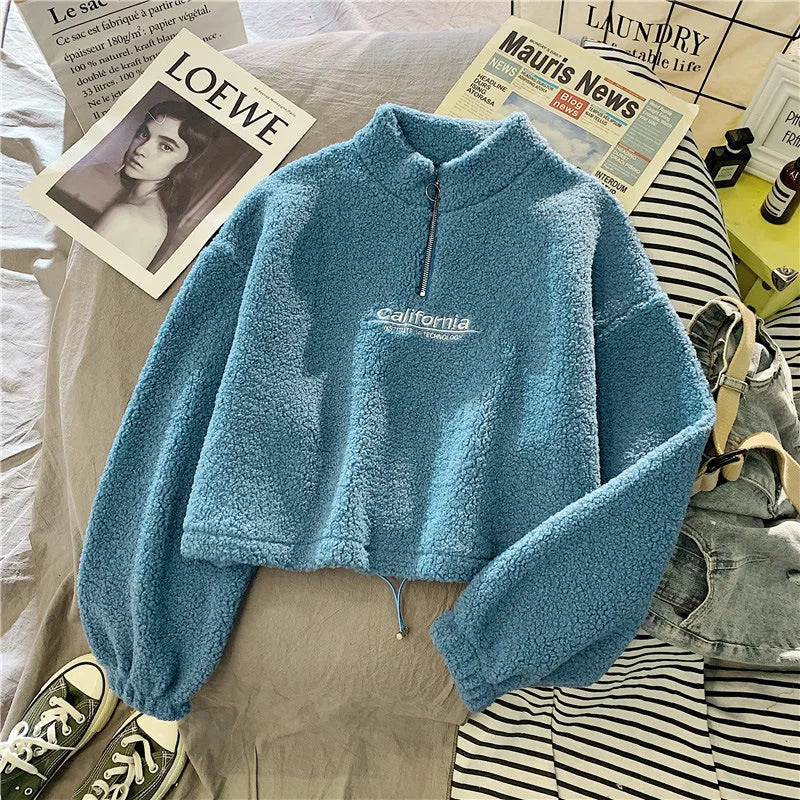 Letter Sweatshirts Women Half High Collar Hoodies Long Sleeve Pullover Pockets Loose Autumn Sports Slight Strech Draw String