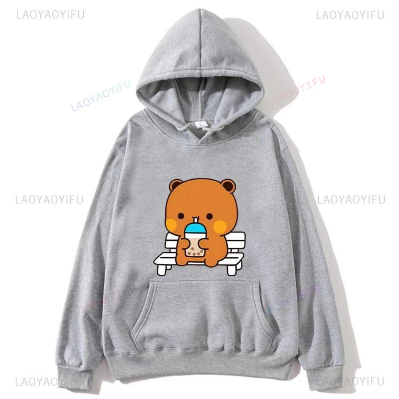 Trendy New Couple Hoodies Bubu with Dudu Drinking Juice Sweatshirts Cartoon Cute Panda Bear Hoodies Kawaii Y2k Top Sudaderas