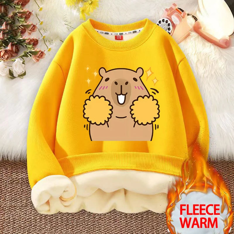 Kawaii Capybara Children's Clothing Lamb Wool Sweatshirt Boys Girls Winter Warm Thick Long Sleeved Pullover Hoodies Anime Gifts
