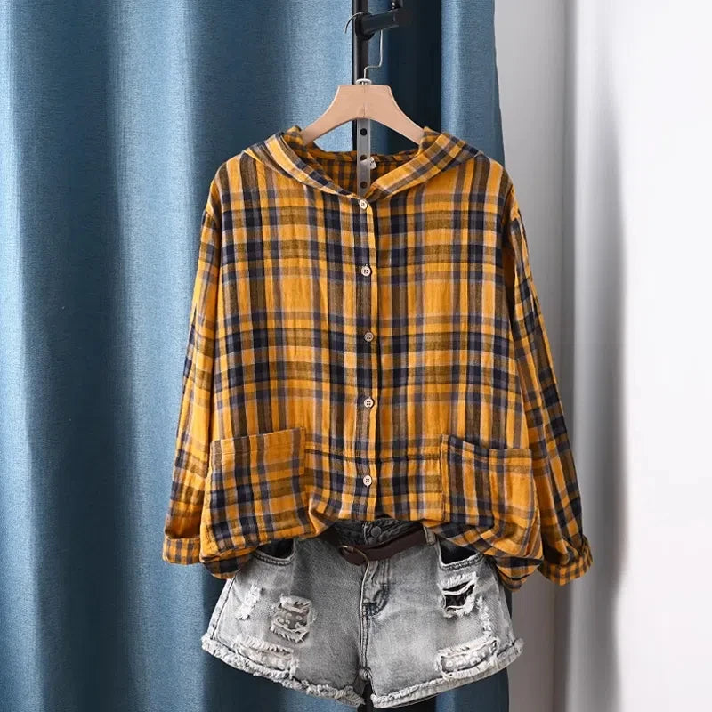 2026 Plus size tops 100% cotton yarn plaid hoodies for women spring autumn vintage casual hooded long sleeve shirts blouses