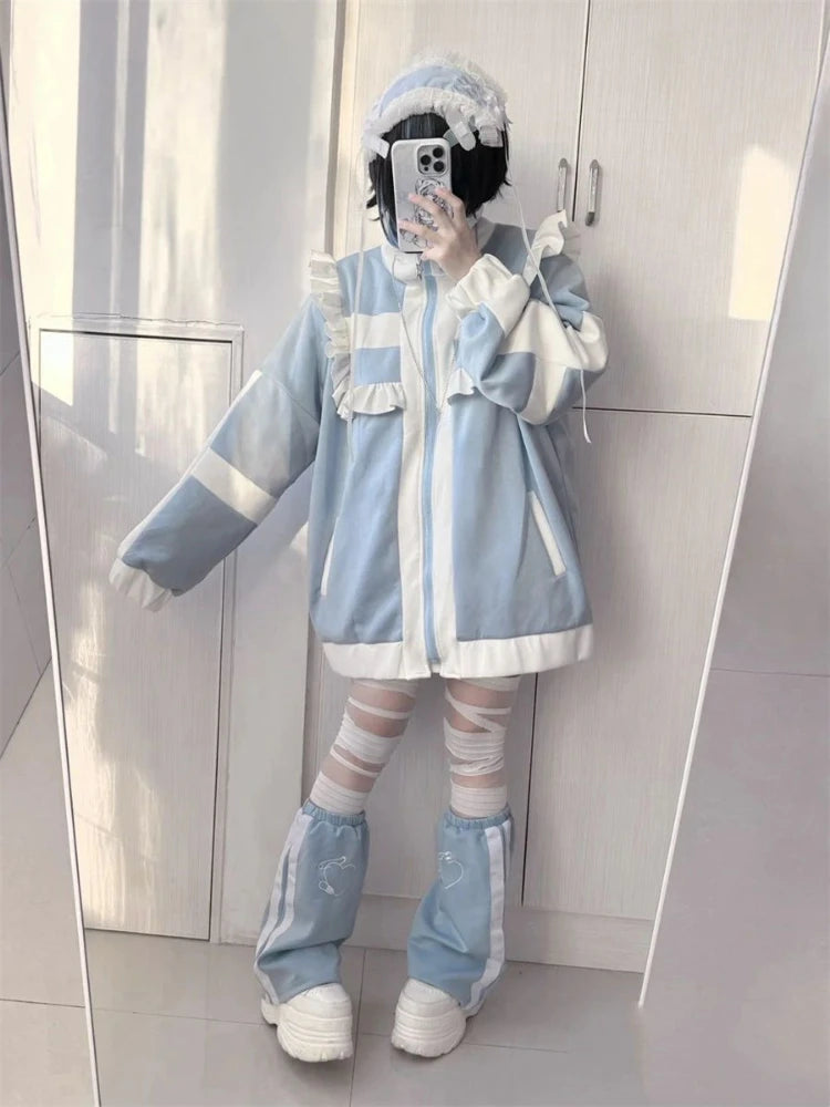 Japanese Y2k Aesthetic Stand Collar Kawaii Hoodies Women Zipper Sweatshirt Oversized Coats Grunge Harajuku Ruffled Patch Coat