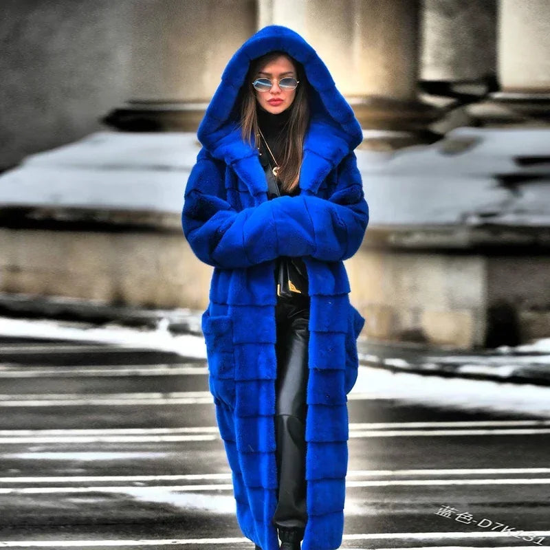 TPJB Casual Faux Fur Coat Women Hoodies Furry Thick Warm Long Faux Rabbit Fur Jacket Slim Winter Coat Women Casaco Feminino 5XL