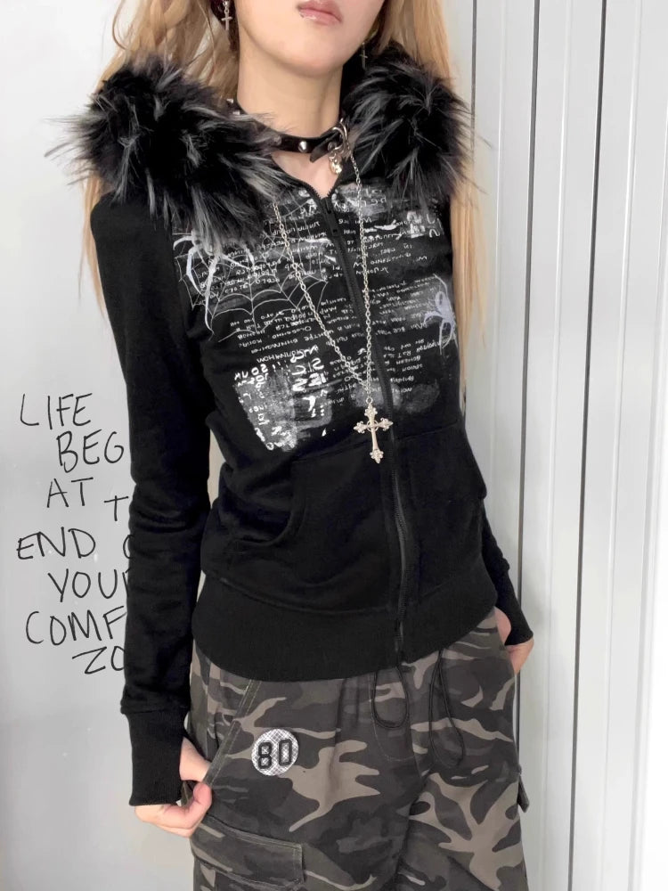 American Retro Fur Patchwork Grunge Hoodies Women Vintage Gothic Print Hooded Zip-up Sweatshirts Harajuku Aesthetic Y2k Jacket