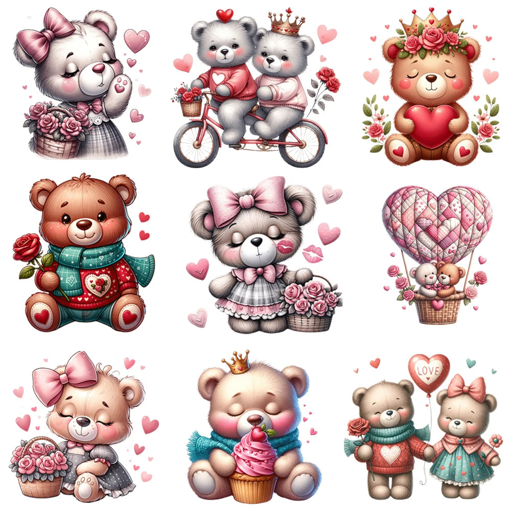15cm Kids Cartoon Flower Love Bear Dtf Transfers Ready To Press Patches For Clothing T-shirt Hoodies Heat Transfer Stickers