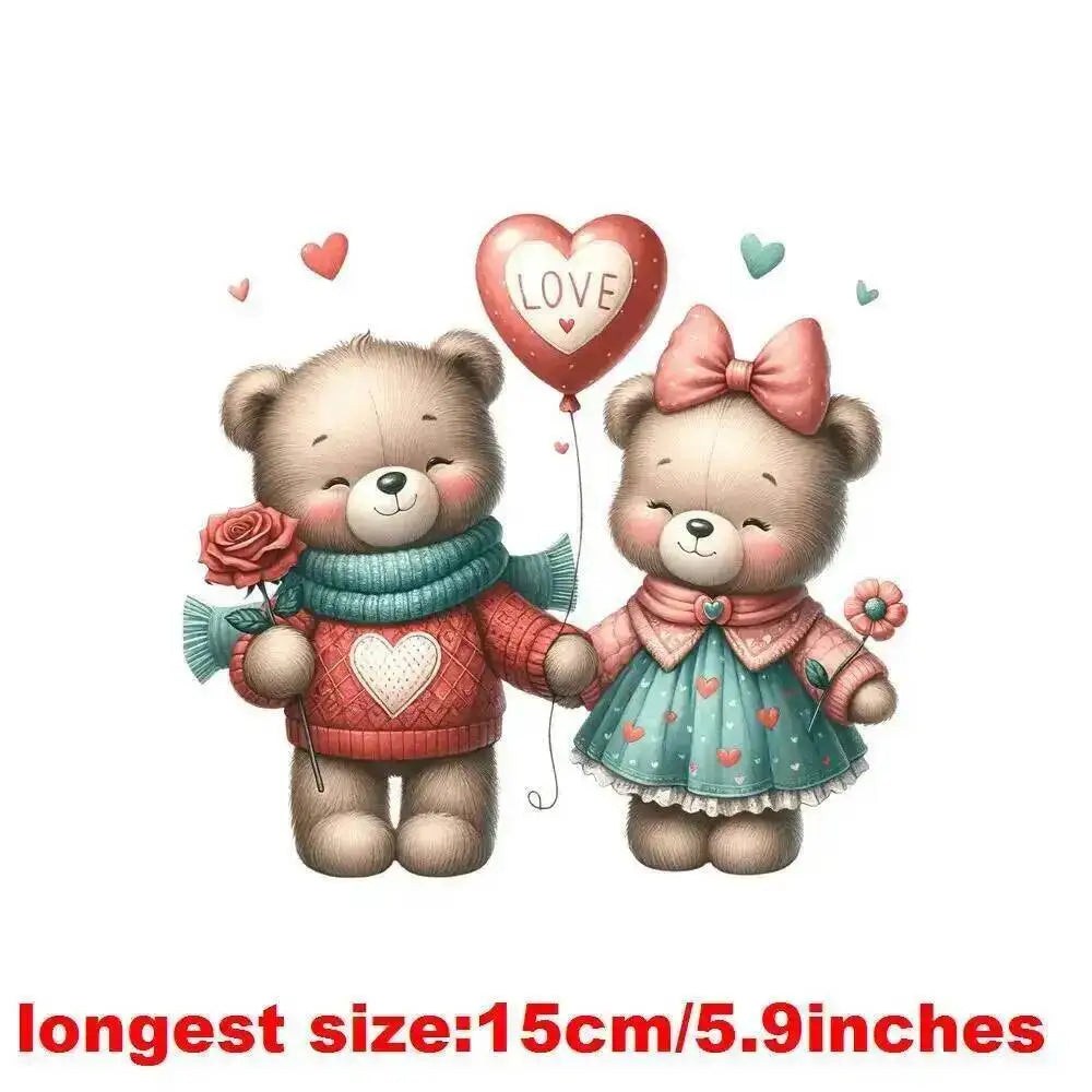 15cm Kids Cartoon Flower Love Bear Dtf Transfers Ready To Press Patches For Clothing T-shirt Hoodies Heat Transfer Stickers