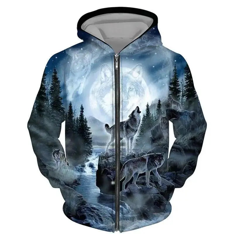Wolf Pattern 3D Print Zipper Hoodies Men Women Hip Hop Hooded Sweatshirts Hoody Oversized Tracksuit Pullover Man Coat Clothing