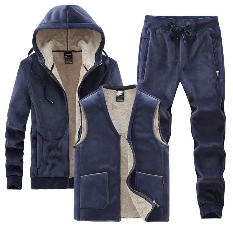 Three-Pieces Lamb Cashmere Set Men Warm Fashion Lamb Wool Sets Winter Plus Velvet Thick Tracksuits Men's Set Hoodies+Vests+Pants