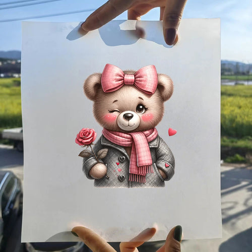 15cm Kids Cartoon Flower Love Bear Dtf Transfers Ready To Press Patches For Clothing T-shirt Hoodies Heat Transfer Stickers