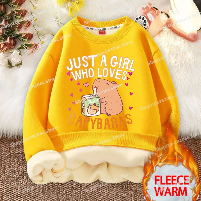 Kawaii Capybara Children's Clothing Lamb Wool Sweatshirt Boys Girls Winter Warm Thick Long Sleeved Pullover Hoodies Anime Gifts