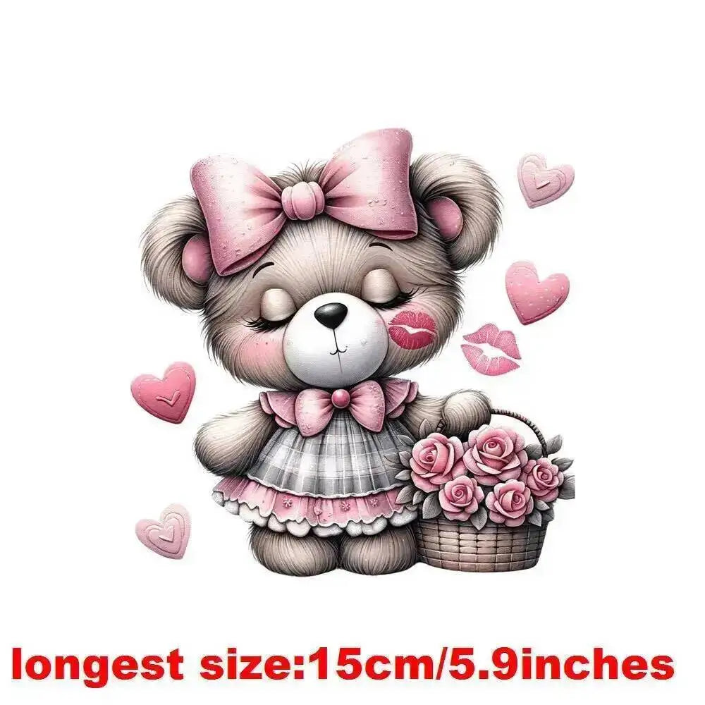 15cm Kids Cartoon Flower Love Bear Dtf Transfers Ready To Press Patches For Clothing T-shirt Hoodies Heat Transfer Stickers