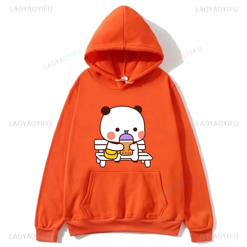 Trendy New Couple Hoodies Bubu with Dudu Drinking Juice Sweatshirts Cartoon Cute Panda Bear Hoodies Kawaii Y2k Top Sudaderas